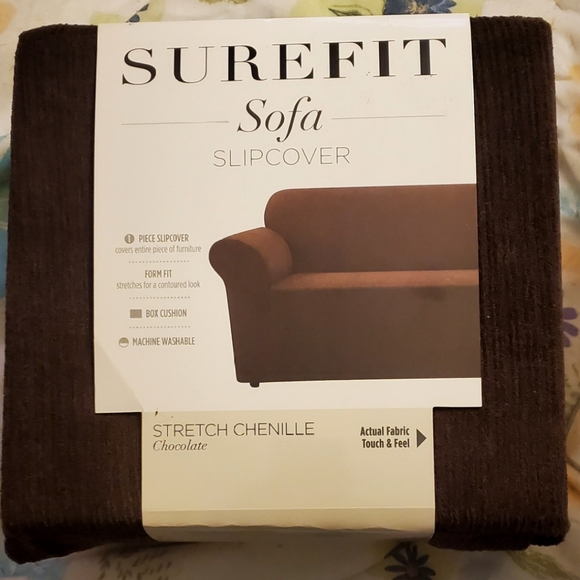 SUREFIT Ultimate Stretch Chenille One Piece Sofa Slipcover Form Fit Box Brown - Picture 2 of 2